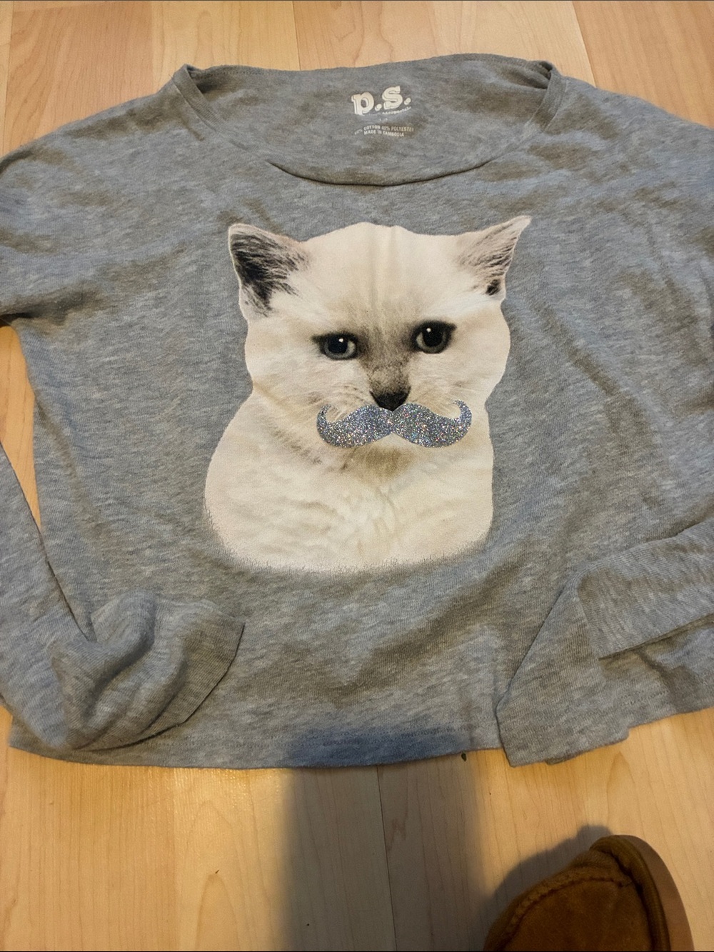 Kids Gray Long Sleeve Tee with Glitter Mustache Kitty